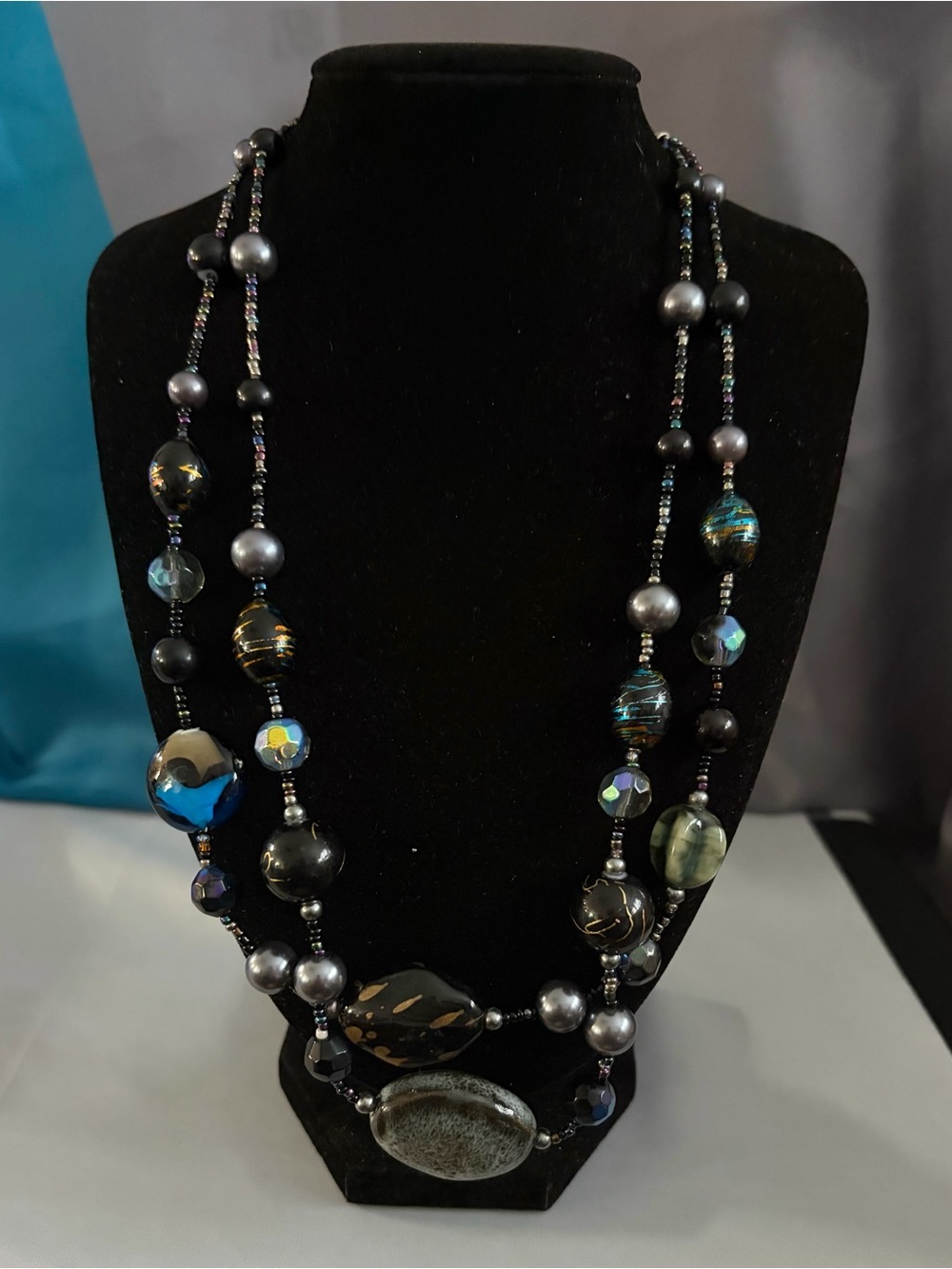 Multicolor Glass Bead Necklace - Black and Iridescent Accents